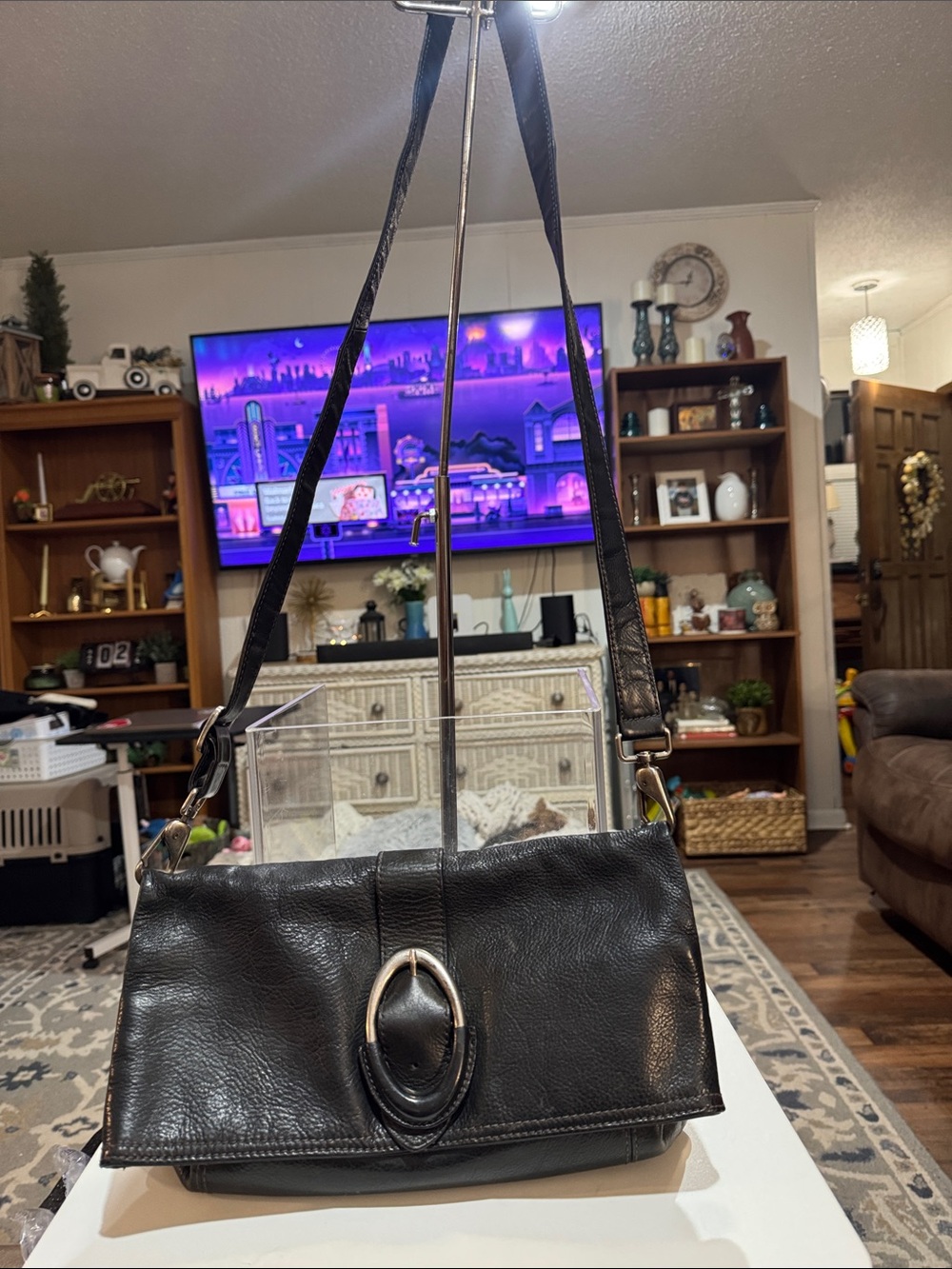 Alfani Black Leather Shoulder Bag with Oval Hardware